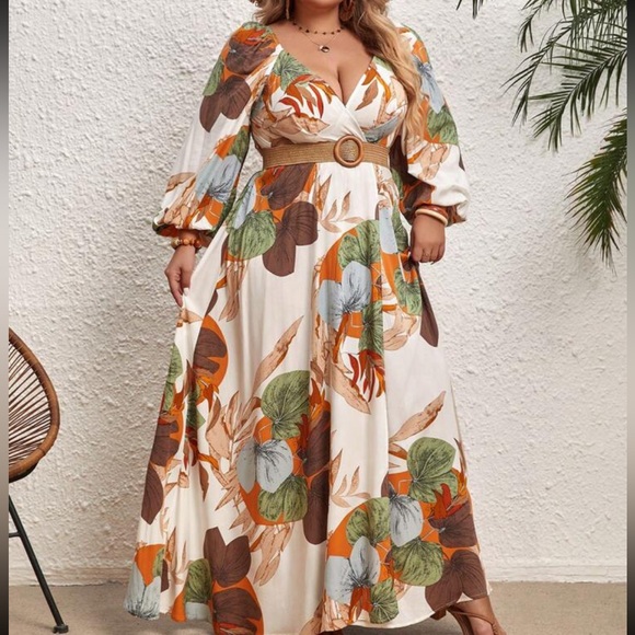 Plus Size Plunge V Neck Floral Tropical Print High Slit Long Sleeve Maxi Dress - Picture 7 of 12